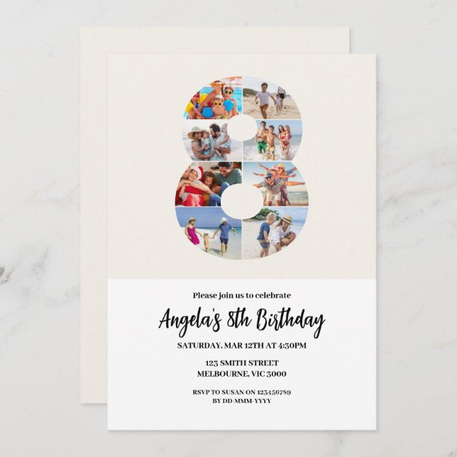 8th Birthday Invitation Minimalist - Number 8 Einladung (Vorne/Hinten)