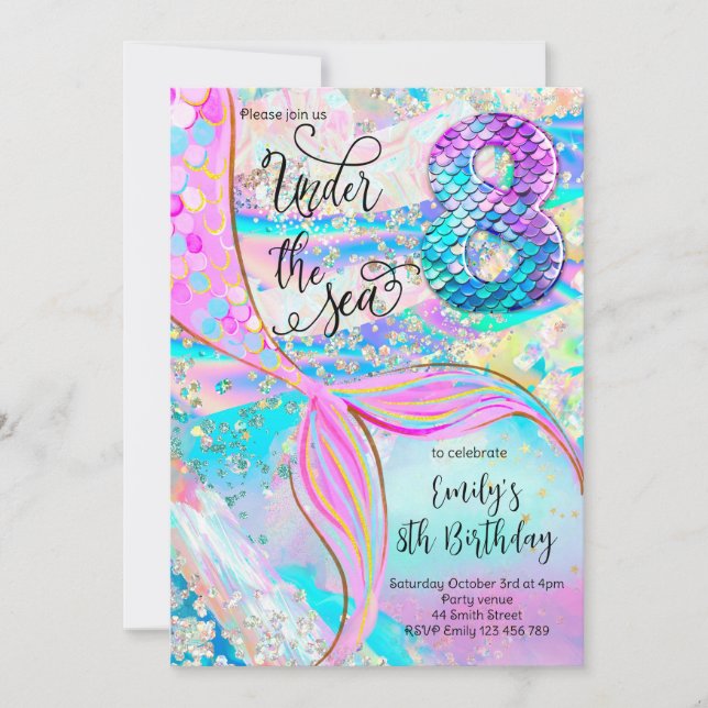 8th Mermaid Birthday Under the Sea Invitation Einladung (Vorderseite)