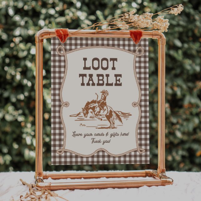 8x10 braunes Gingham-Cowboy-Loot-Tischschild (Von Creator hochgeladen)