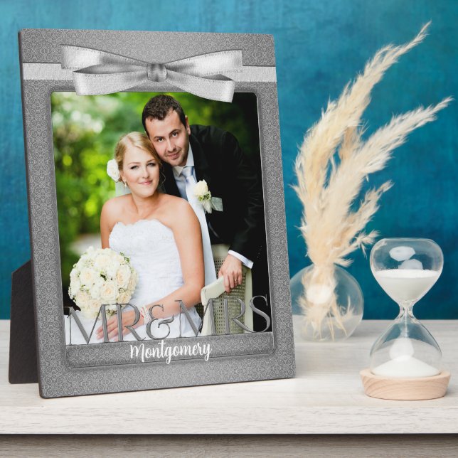 8x10 Mr. und Mrs. Wedding Foto in Silver Damask Fotoplatte (Seite)