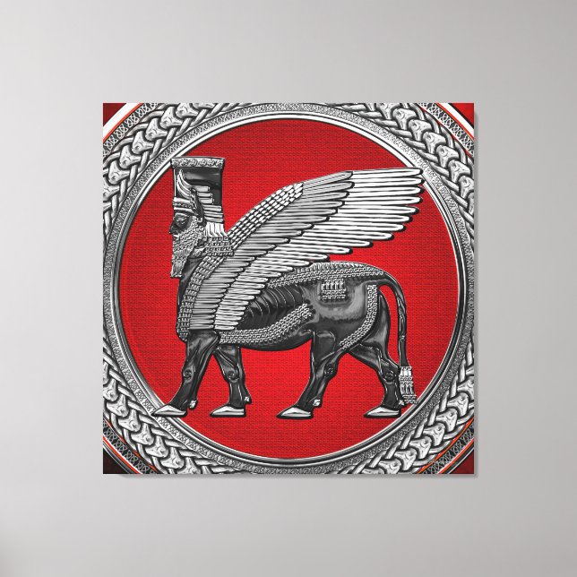 [901] Assyrian Winged Bull: Silver & Black Lamassu Leinwanddruck (Vorderseite)