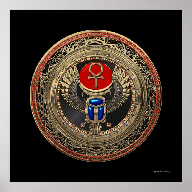 [901] Sacred Gold Egyptian Winged Scarab mit Ankh Poster (Vorne)