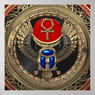 [901] Sacred Gold Egyptian Winged Scarab mit Ankh Poster