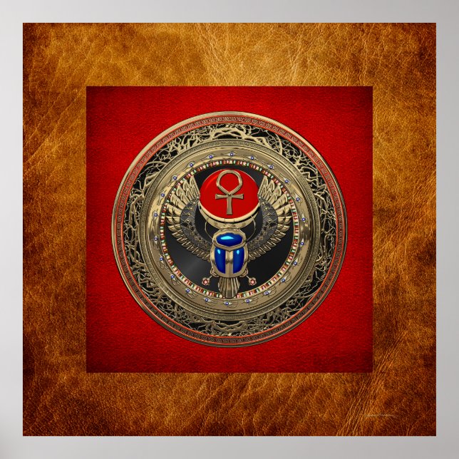 [901] Sacred Gold Egyptian Winged Scarab mit Ankh Poster (Vorne)
