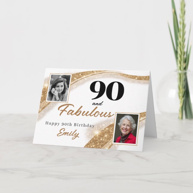 90 and Fabulous Gold Glitter Photo 90th Birthday Karte (Vorderseite)