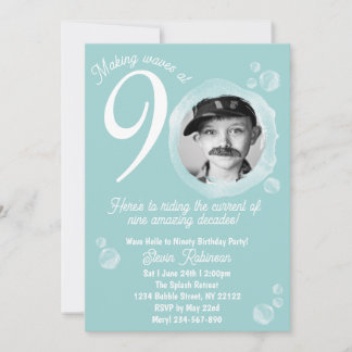 90. Aquamarine Blase Geburtstagsparty Foto Einladung
