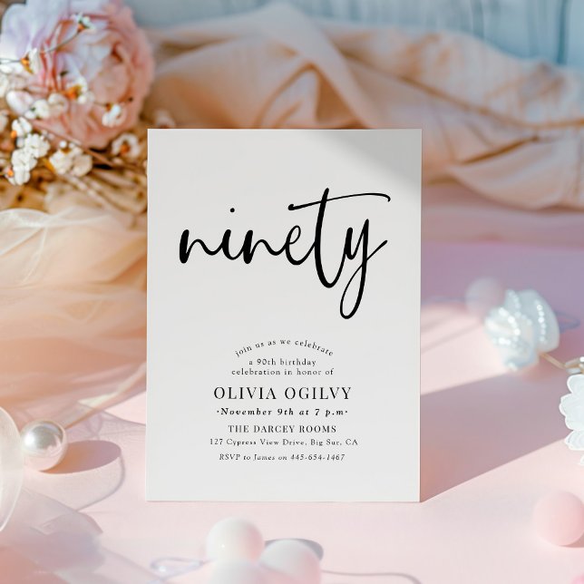 90. B&W Birthday Party Moderne Script Typografie Einladung (Von Creator hochgeladen)