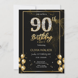90. Diamond Black and Gold Geburtstag Einladung