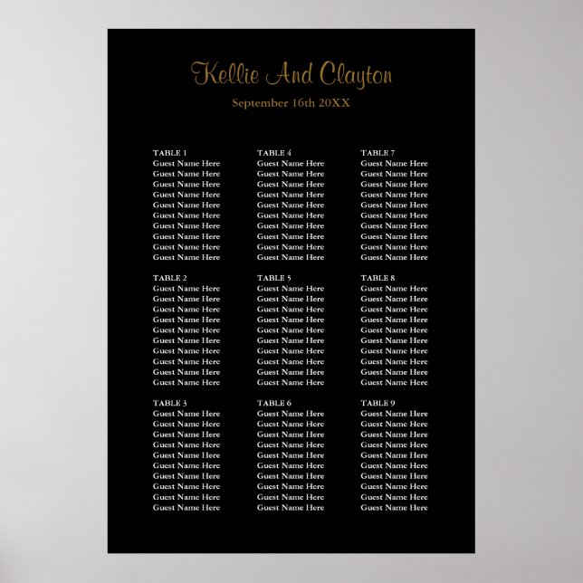 90 einfache schwarze Hochzeitstabelle Poster (Vorne)