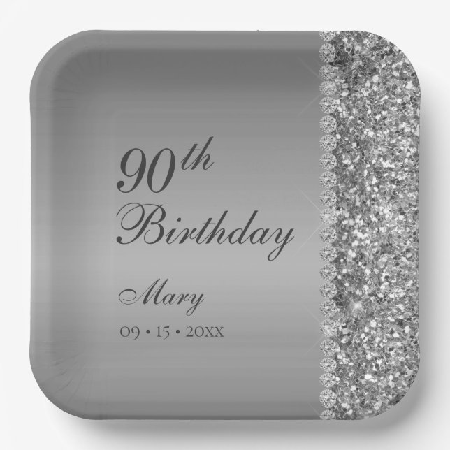 90. Elegant Silver Birthday Pappteller (Vorderseite)