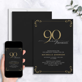 90 & Fabulous Black & Gold Kalligraphie Geburtstag Einladung