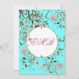 90. Floral Aqua Blue Elegant Monogram Birthday Einladung