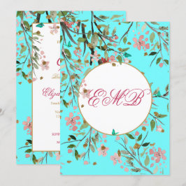 90. Floral Aqua Blue Elegant Monogram Birthday Einladung