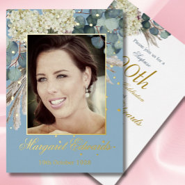 90. Floral Blue Elegant Foto Geburtstag Folieneinladung