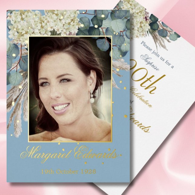 90. Floral Blue Elegant Foto Geburtstag Folieneinladung (Von Creator hochgeladen)