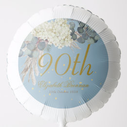 90. Floral Blue Gold Elegantes Foto Geburtstag Ballon