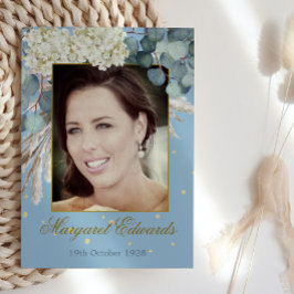 90. Floral Blue Gold Elegantes Foto Geburtstag Einladung