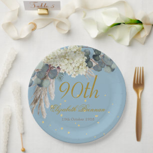 90. Floral Blue Gold Elegantes Foto Geburtstag Pappteller