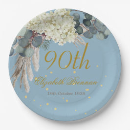 90. Floral Blue Gold Elegantes Foto Geburtstag Pappteller