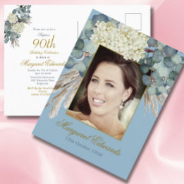 90. Floral Blue Gold Elegantes Foto Geburtstag Postkarte