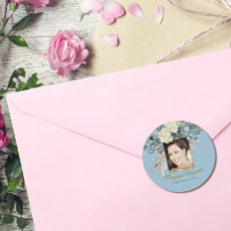 90. Floral Blue Gold Elegantes Foto Geburtstag Runder Aufkleber