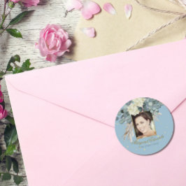 90. Floral Blue Gold Elegantes Foto Geburtstag Runder Aufkleber