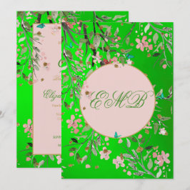 90. Floral Green Elegant Rosa Monogram Geburtstag Einladung