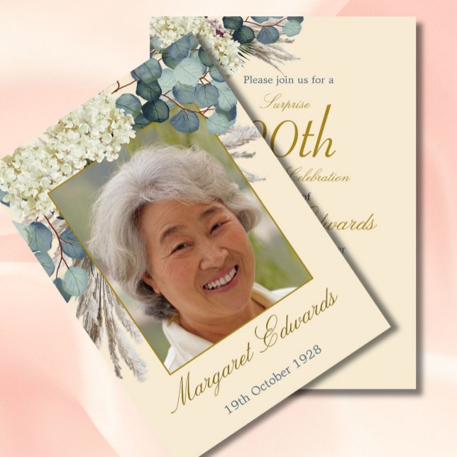 90. Floral Neutrale Creme Elegantes Foto Geburtsta Einladung (Von Creator hochgeladen)