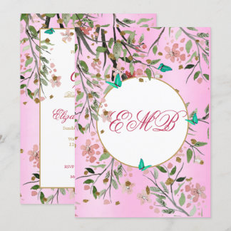 90. Floral Pink Chic Elegant Monogram Geburtstag Einladung