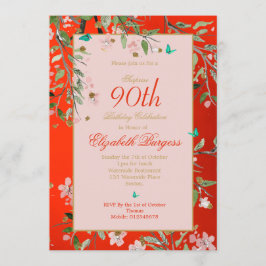90. Floral Red Elegant Rosa Gold Geburtstag Einladung