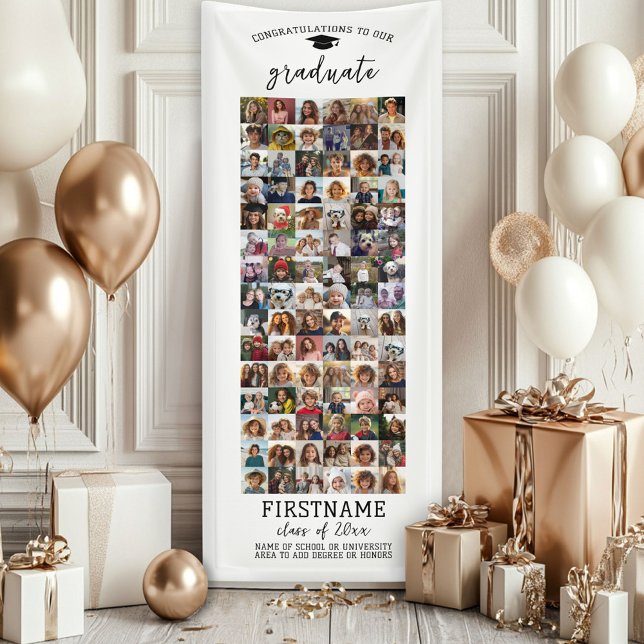 90 Foto Collage Abschluss Moderner Minimal Weiß Banner (Custom Graduation Banner - Great for a backdrop or Grad Party Decoration)