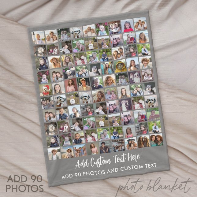 90-Foto-Collage-Raster mit Text - grau Fleecedecke (Custom Fleece Blanket with Photo Collage)