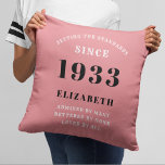 90. Geburtstag 1933 Pink Girly Elegant Chic Kissen<br><div class="desc">Fügen Sie Ihrer Wohngestaltung eine Touch Eleganz hinzu, mit diesem rosa Girly Elegant Throw Kissen aus dem Jahr 1933. Dieses stilvolle Kissen besticht durch ein individuelles Design in sanftem Rosa und Grau, um Ihrem Zuhause einen luxuriösen und zeitlosen Look zu verleihen. Das personalisierte Design eignet sich hervorragend für einen besonderen...</div>