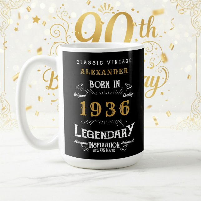 90. Geburtstag 1936 Legendäre Retro Kaffeetasse (1936 coffee mug on a white and gold background.)