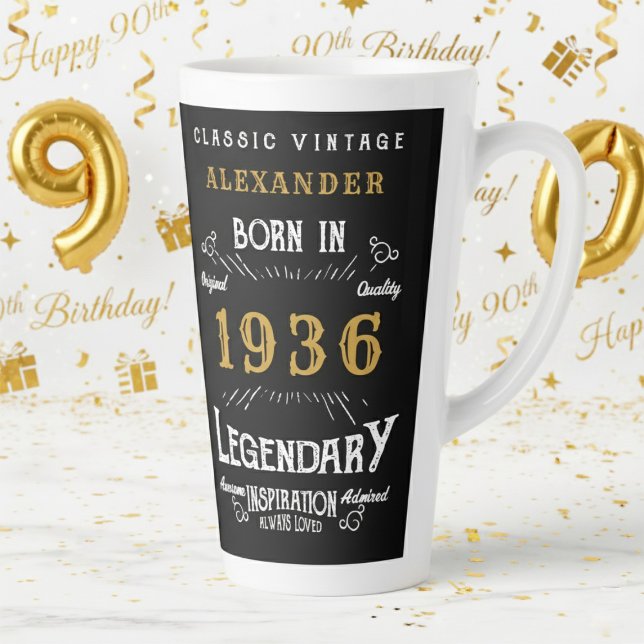 90. Geburtstag 1936 Legendäre Retro Milchtasse (1936 latte mug with a white and gold background.)
