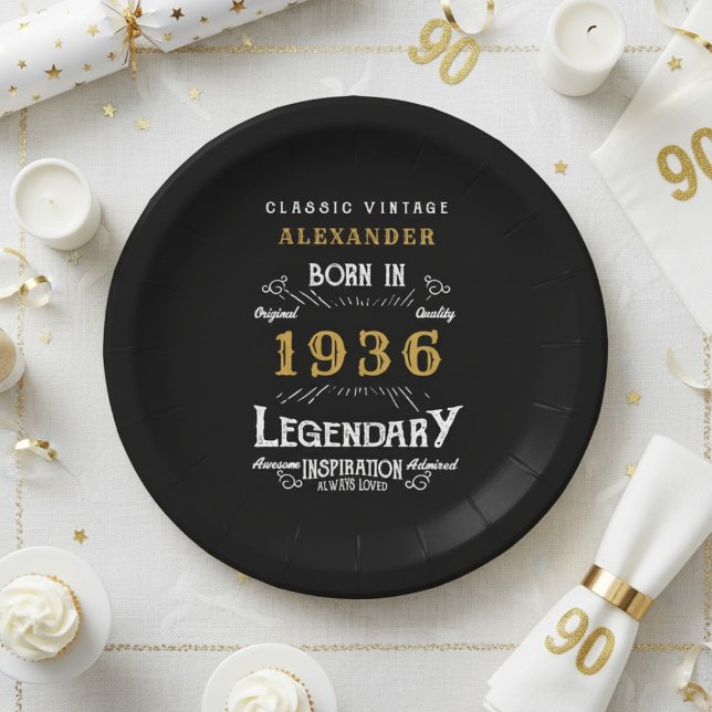 90. Geburtstag 1936 Legendäre Retro Pappteller (Born 1936 black paper plate on a white table cloth.)