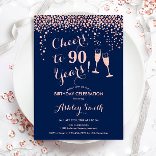90. Geburtstag - Bis 90 Jahre Rose Gold Navy Einladung