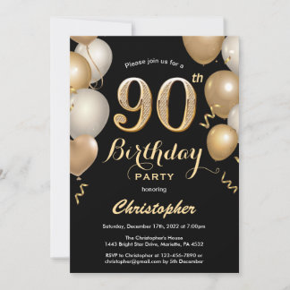 90. Geburtstag Black and Gold Balloons Confetti Einladung