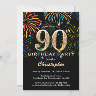 90. Geburtstag Black and Gold Rainbow Fireworks Einladung