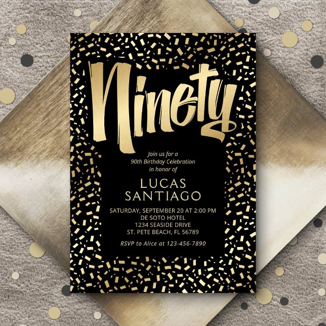 90. Geburtstag Black Gold Confetti Einladung (Von Creator hochgeladen)