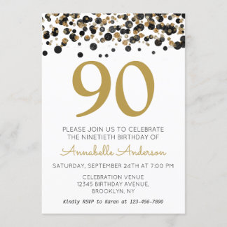 90. Geburtstag Black Gold Glitzer Sparkle Confetti Einladung