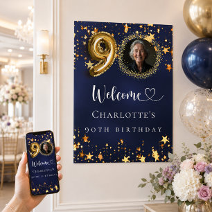 90. Geburtstag blau gold Sterne Foto Willkommen Poster