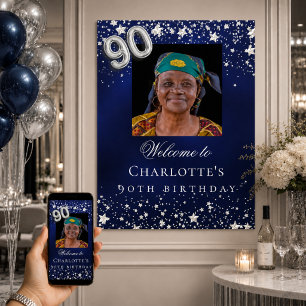 90. Geburtstag blau silberne Sterne Foto Willkomme Poster