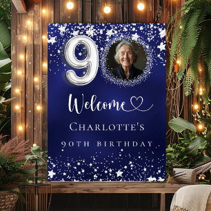 90. Geburtstag blau silberne Sterne Foto Willkomme Poster