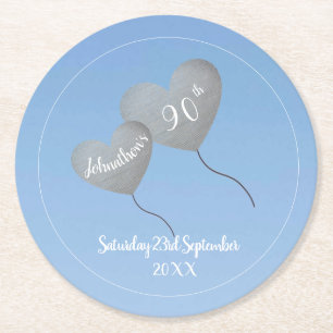 90. Geburtstag blauer Himmel & Silberballon Runder Pappuntersetzer