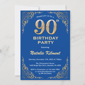 90. Geburtstag Blue and Gold Glitzer Frame Einladung