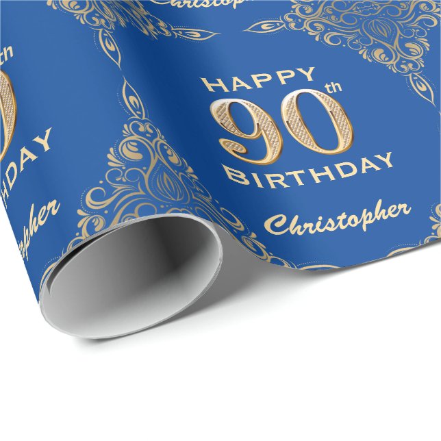 90. Geburtstag Blue and Gold Glitzer Frame Geschenkpapier (Rolleneckpunkt)