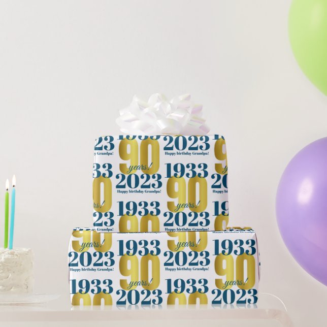 90. Geburtstag Blue Gold Wrapping Paper Geschenkpapier (Partygeschenke)