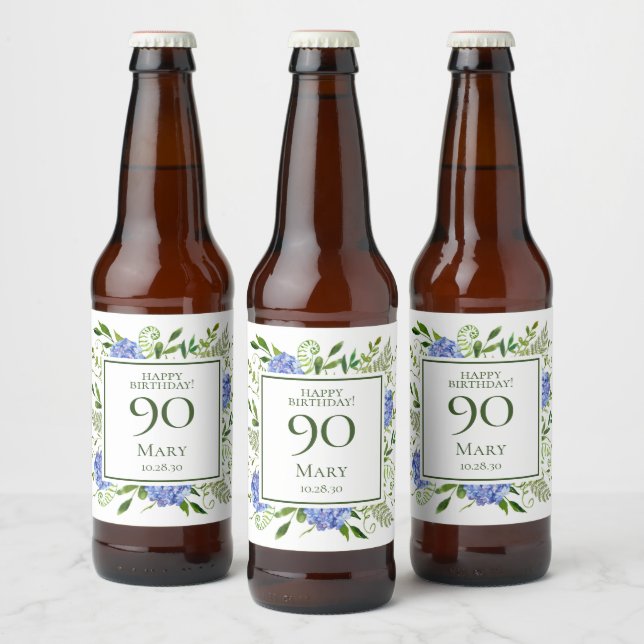 90. Geburtstag Blue Hydrangeas Bierflaschenetikett (Flaschen)