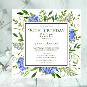 90. Geburtstag Blue Hydrangeas Floral Wasserfarbe Einladung
